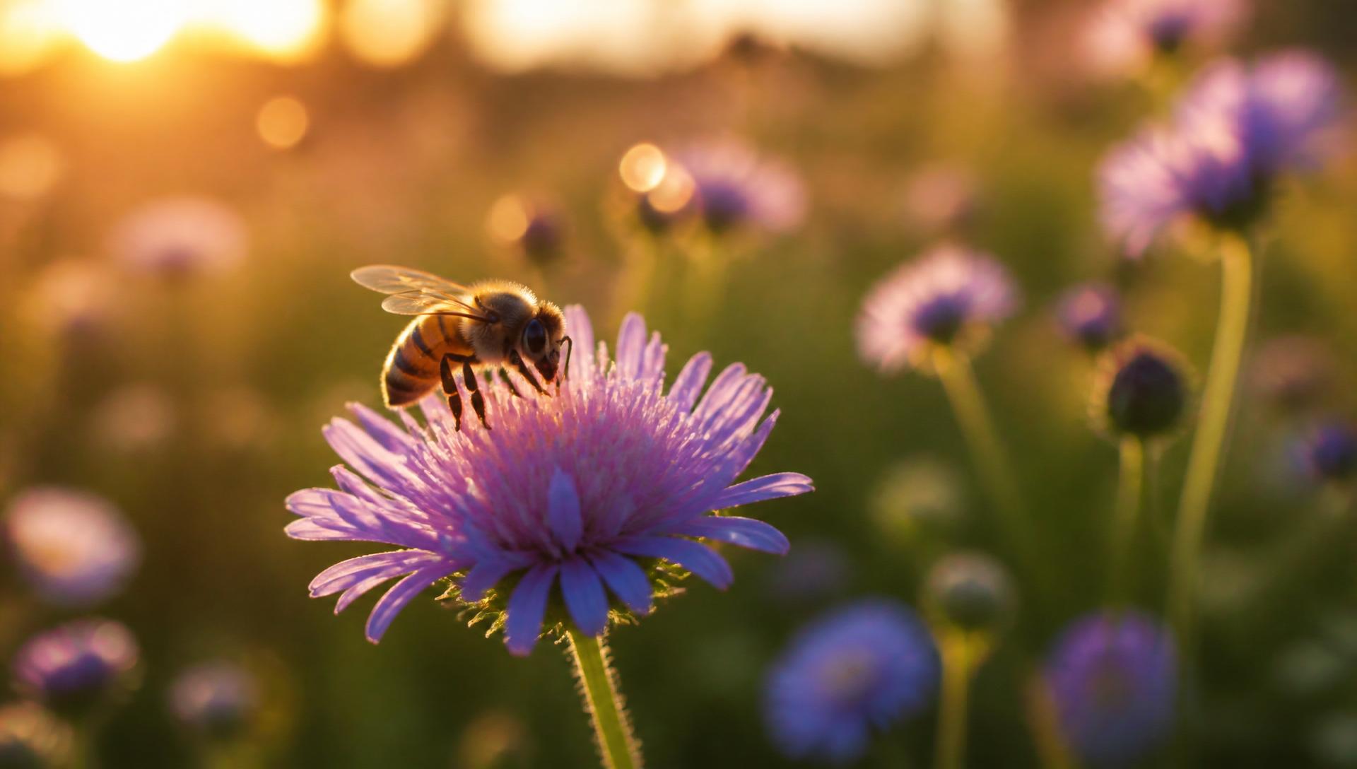 Honingbij op een wilde bloem in de avondzon